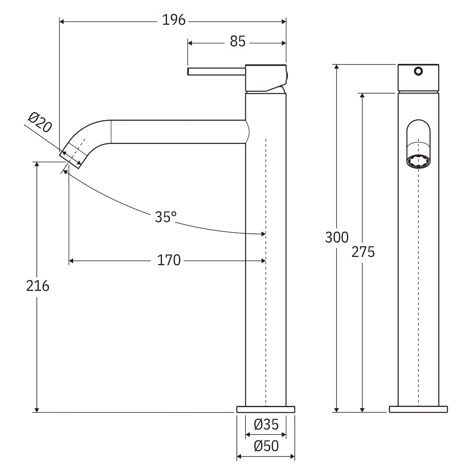 Technical Drawing Fienza Kaya Tall Basin Mixer Urban Brass 228107UB-LF - The Blue Space