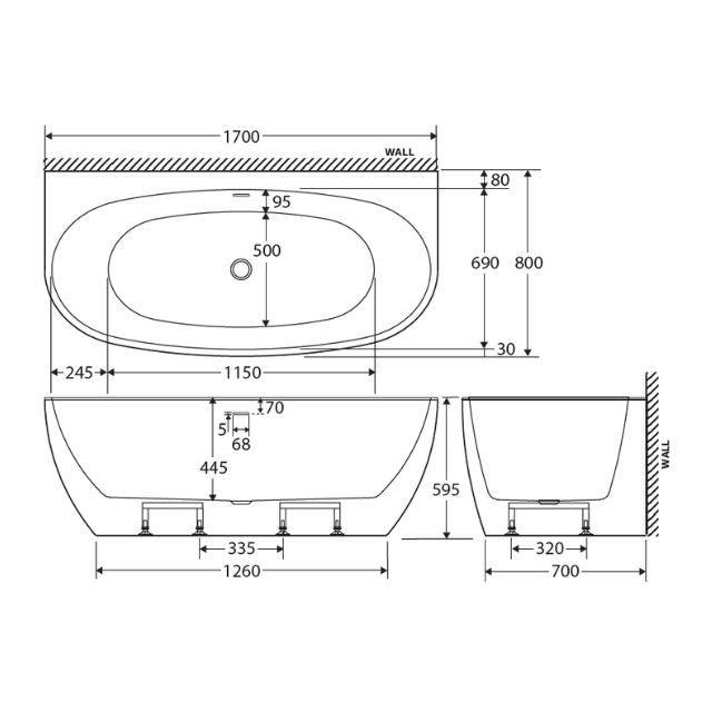 Fienza Keeto Back-To-Wall Acrylic Bath with Overflow 1700mm