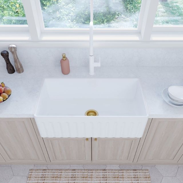 Fienza Olivia Butler Sink Large 835 Reversible Fluted & Flat Fire Clay Gloss White