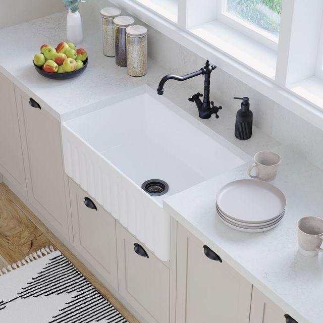 Fienza Olivia Butler Sink Medium 760 Reversible Fluted & Flat Fire Clay Gloss White