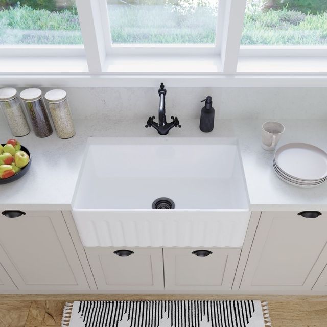 Fienza Olivia Butler Sink Medium 760 Reversible Fluted & Flat Fire Clay Gloss White