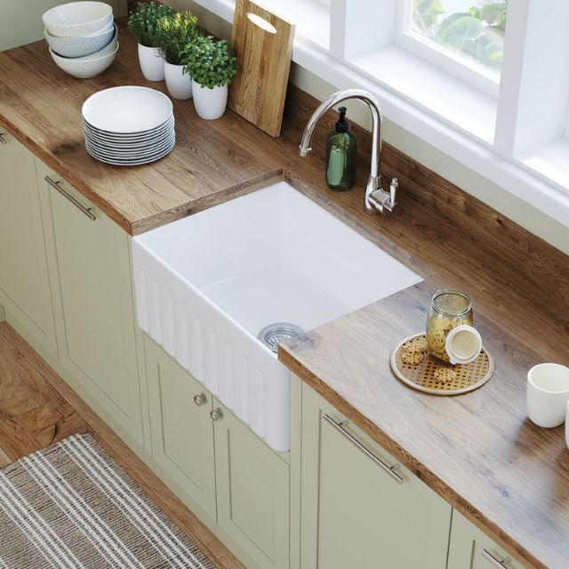 Fienza Olivia Butler Sink Small 610 Reversible Fluted & Flat Fire Clay Gloss White