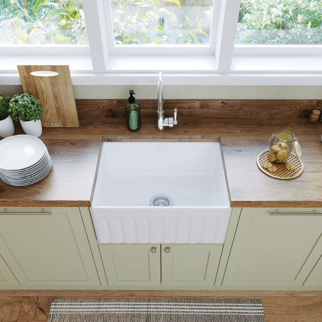 Fienza Olivia Butler Sink Small 610 Reversible Fluted & Flat Fire Clay Gloss White