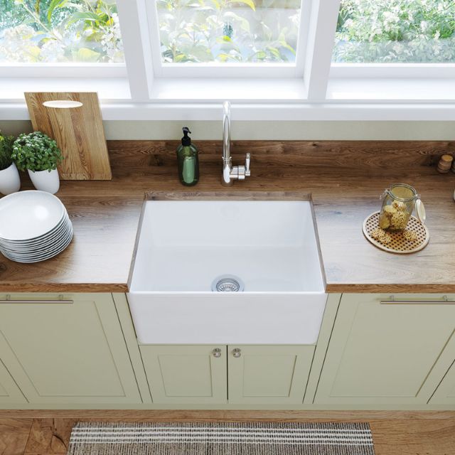 Fienza Olivia Butler Sink Small 610 Reversible Fluted & Flat Fire Clay Gloss White