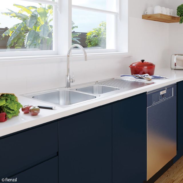 Fienza Tiva 1080 Kitchen Sink 1.75 Bowl With Drainer 19L-12L 1TH 1080X480X180mm