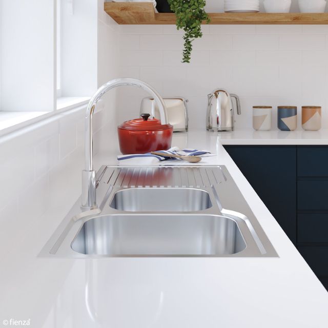 Fienza Tiva 1080 Kitchen Sink 1.75 Bowl With Drainer 19L-12L 1TH 1080X480X180mm
