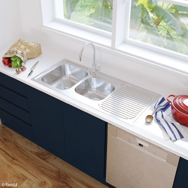 Fienza Tiva 1080 Kitchen Sink 1.75 Bowl With Drainer 19L-12L 1TH 1080X480X180mm