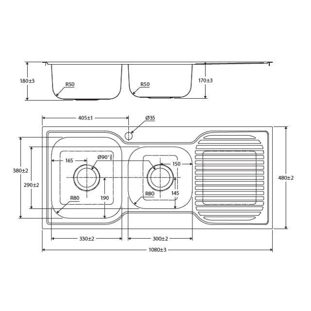 Fienza Tiva 1080 Kitchen Sink 1.75 Bowl With Drainer 19L-12L 1TH 1080X480X180mm