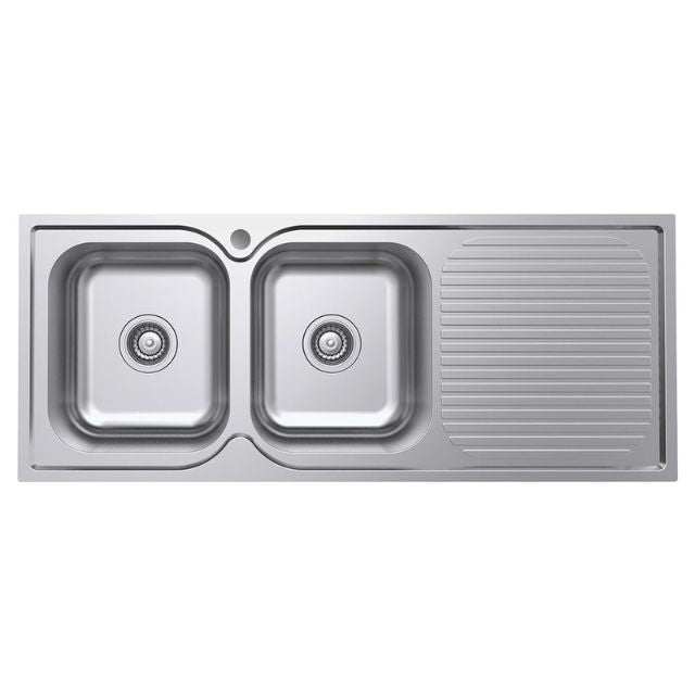 Fienza Tiva 1180 Kitchen Sink Left Double Bowl With Drainer Topmount 19L-19L 1Th 1180X480X180mm 68107L - The Blue Space