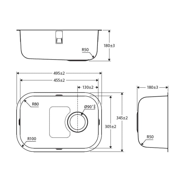 Fienza Tiva 345 Kitchen Sink Single Bowl 22L NTH 345X495X180mm