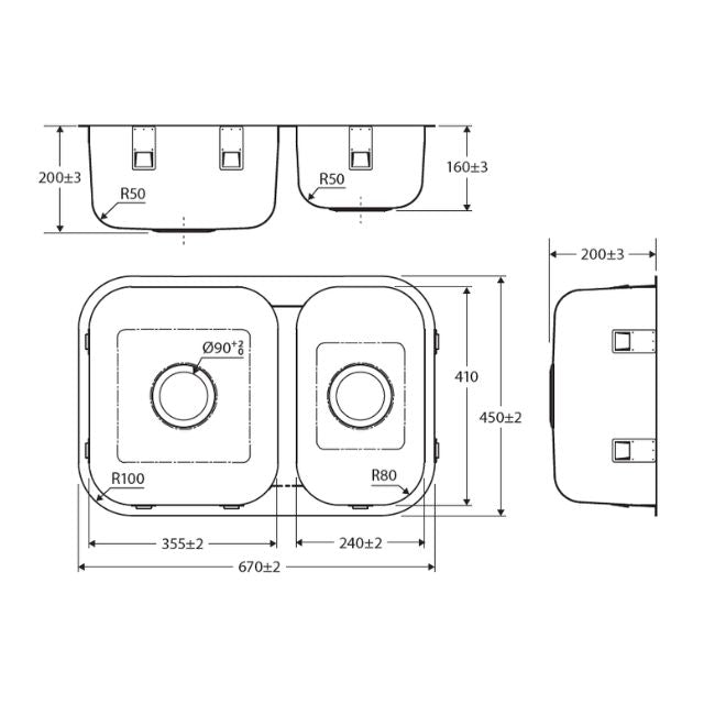 Fienza Tiva 670 Kitchen Sink Double Bowl 25L-13L Top/Undermount NTH 670X450X200mm