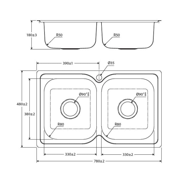 Fienza Tiva 780 Kitchen Sink Double Bowl Topmount 19L-19L 780X480X180mm