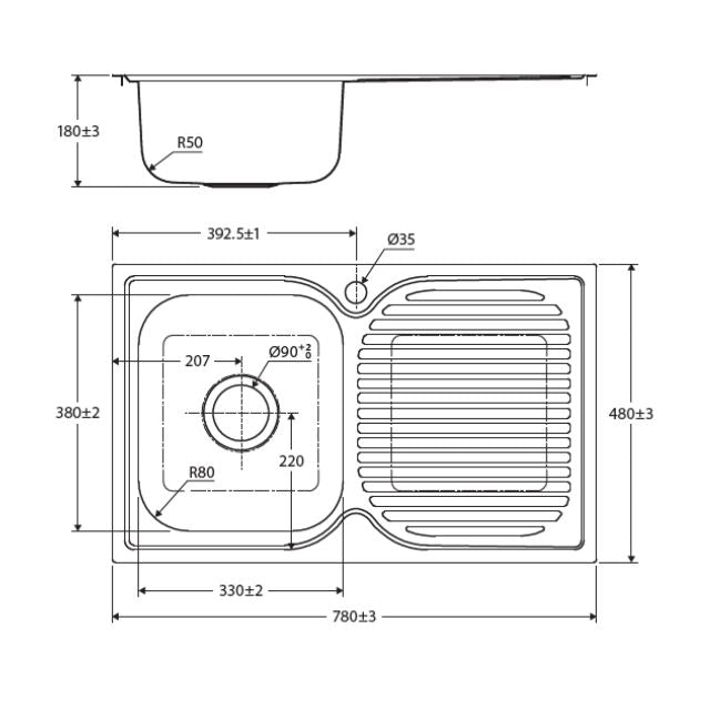Fienza Tiva 780 Kitchen Sink Single Bowl With Drainer 19L 1TH 780X480X180mm