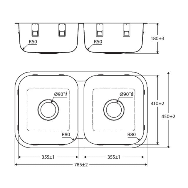 Fienza Tiva 785 Kitchen Sink Double Bowl Topmount/Undermount 23L-23L NTH 785X450X180mm