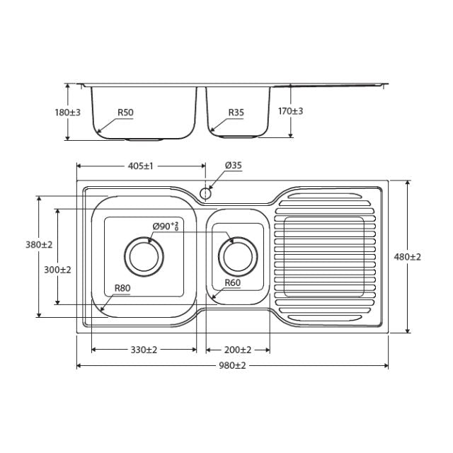 Fienza Tiva 980 Kitchen Sink 1.5 Bowl With Drainer Topmount 19L-9L 1TH 980X480X180mm