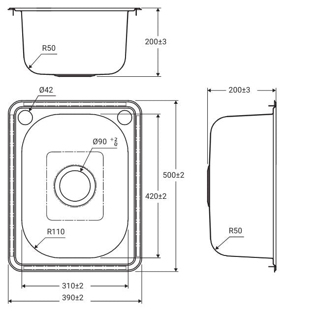 Fienza Tiva Laundry Sink Small Topmount 22L 2TH 500X390X200mm Includes Flexible Bypass Kit