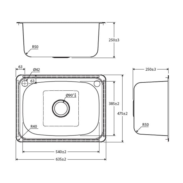 Fienza Tiva Laundry Sink Topmount 45L 2TH Includes Waste Bypass Kit & TH Cover 635X475X250mm