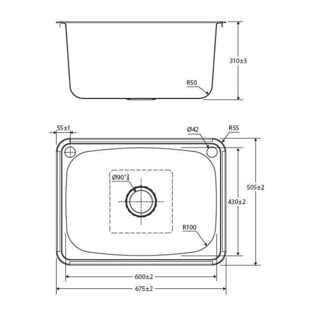 Fienza Tiva Laundry Sink Topmount 70L 2TH Includes Waste Bypass Kit & TH Cover 675X505X310mm