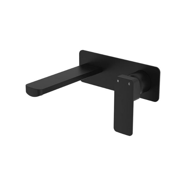 Fienza Tono Basin/Bath Wall Mixer Set 160mm Outlet Large Rectangular Plate Matte Black