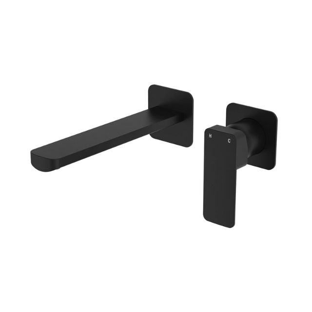 Fienza Tono Basin/Bath Wall Mixer Set 200mm Outlet Small Square Plates Matte Black