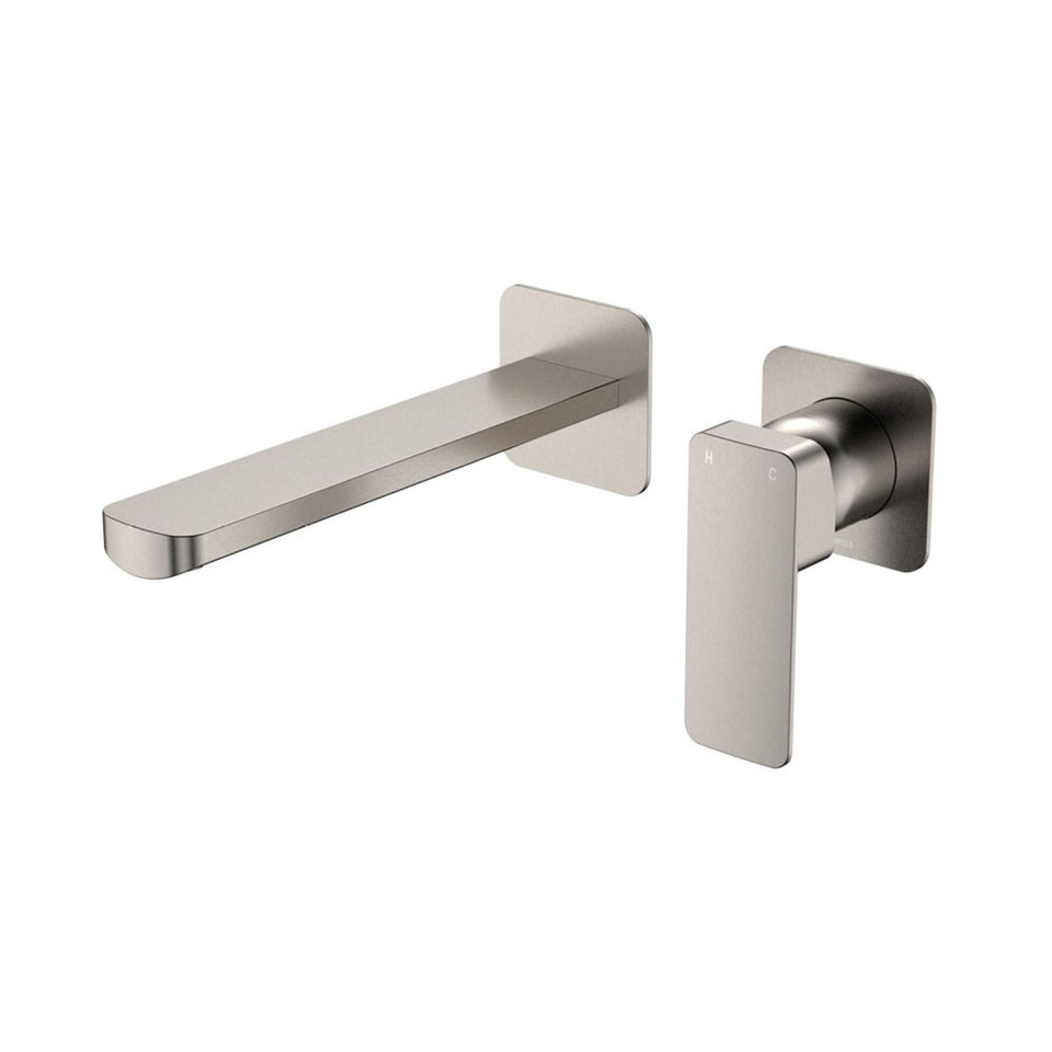 Fienza Tono Basin/Bath Wall Mixer Set 200mm Outlet Small Square Plates Brushed Nickel