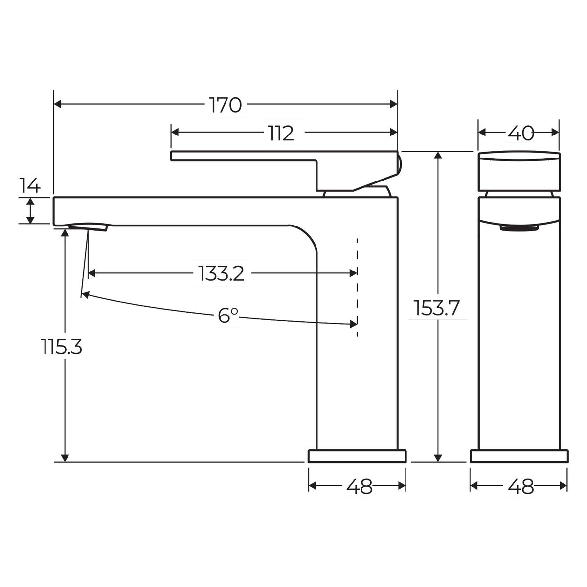 Technical Drawing Fienza Tono Basin Mixer Brushed Nickel 233103BN-LF - The Blue Space