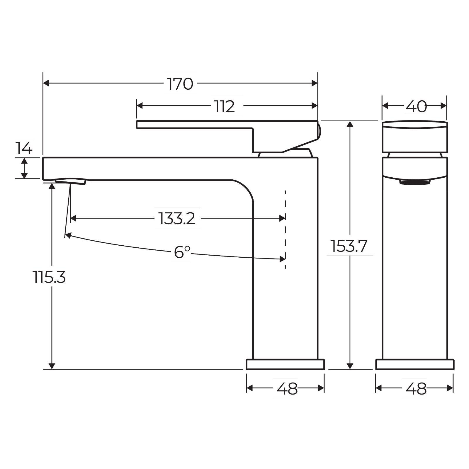 Technical Drawing Fienza Tono Basin Mixer Chrome 233103-LF - The Blue Space