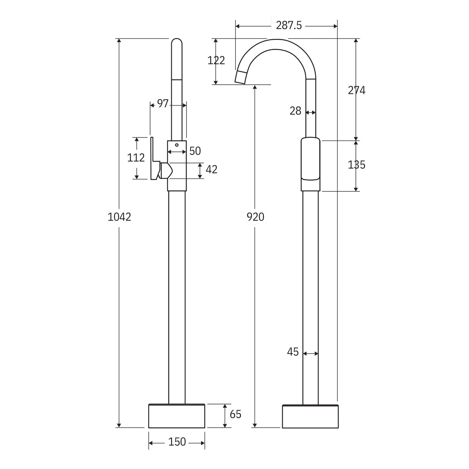 Technical Drawing Fienza Tono Floor Mounted Basin/Bath Mixer Brushed Nickel 233112BN-LF - The Blue Space