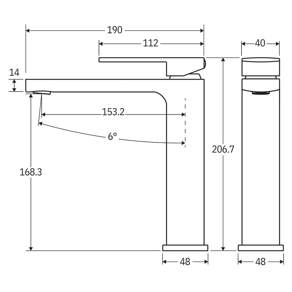 Technical Drawing Fienza Tono Medium Basin Mixer Chrome 233110-LF - The Blue Space