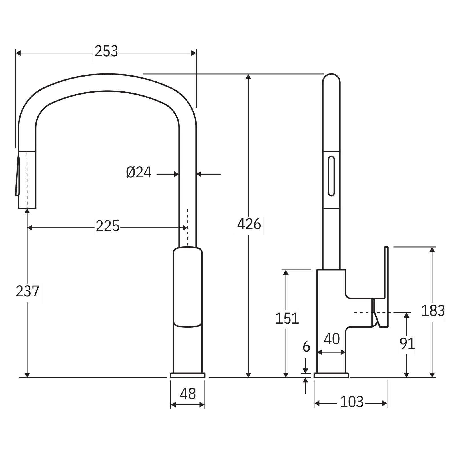 Technical Drawing Fienza Tono Pull Out Sink Mixer Chrome 233108-LF - The Blue Space
