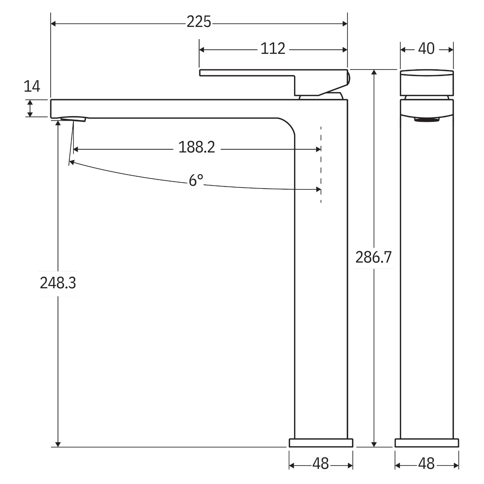 Technical Drawing Fienza Tono Tall Basin Mixer Brushed Nickel 233107BN-LF - The Blue Space