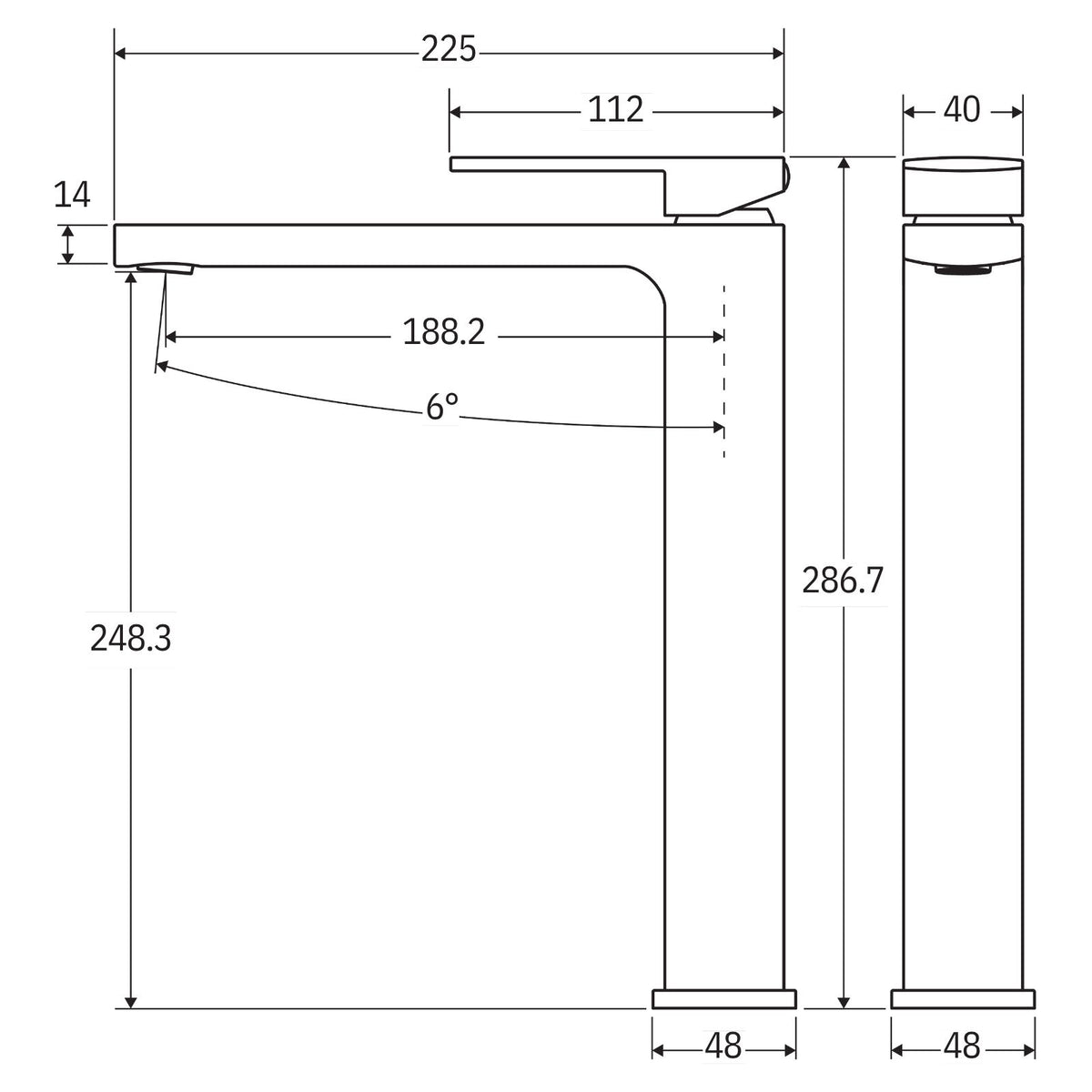 Technical Drawing Fienza Tono Tall Basin Mixer Chrome 233107-LF - The Blue Space