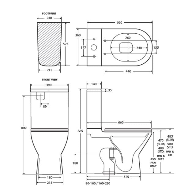 Fienza Tono Tornado Flush Back-to-Wall Toilet Suite With Slim Seat R&T Internal - P-Trap