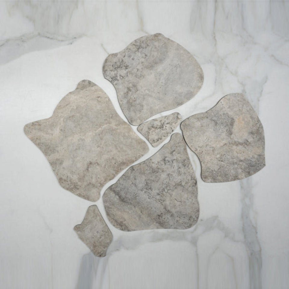 Grey Valerie Travertine Tile P4 Tech Grip Porcelain Crazy Pave