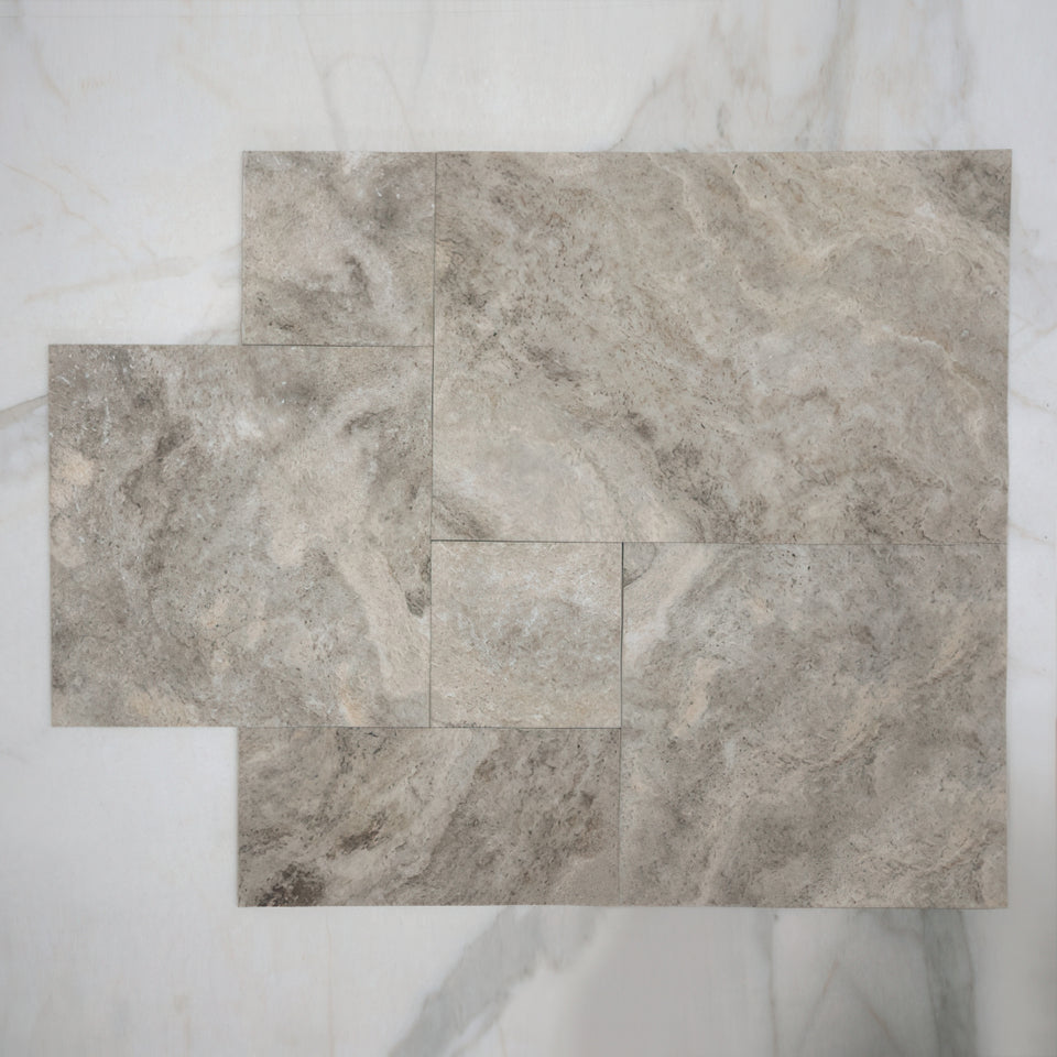 Grey Valerie Travertine Tile P4 Tech Grip Porcelain French Pattern