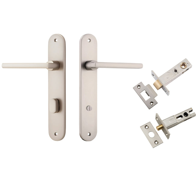 Iver Baltimore Lever Oval Backplate Privacy Kit with Privacy Turn Satin Nickel 14726KPRIV60 - The Blue Space