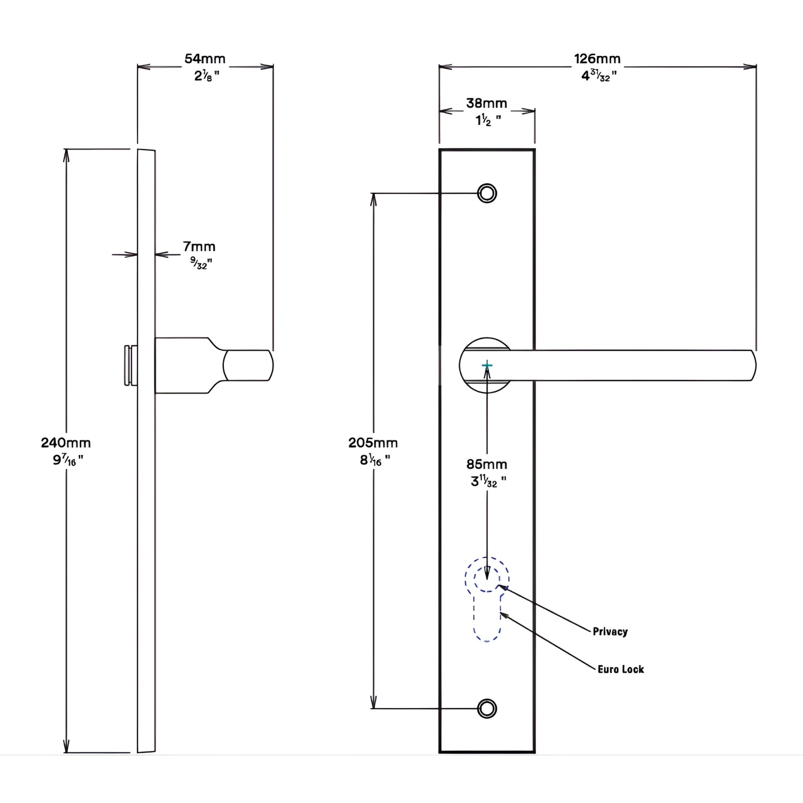 Line Drawing Iver Baltimore Lever Rectangular Backplate Entrance Kit with High Security Lock Matte Black 12702KENTR60KT - The Blue Space