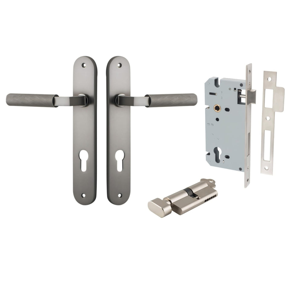 Iver Brunswick Lever Oval Backplate Entrance Kit with High Security Lock Satin Nickel