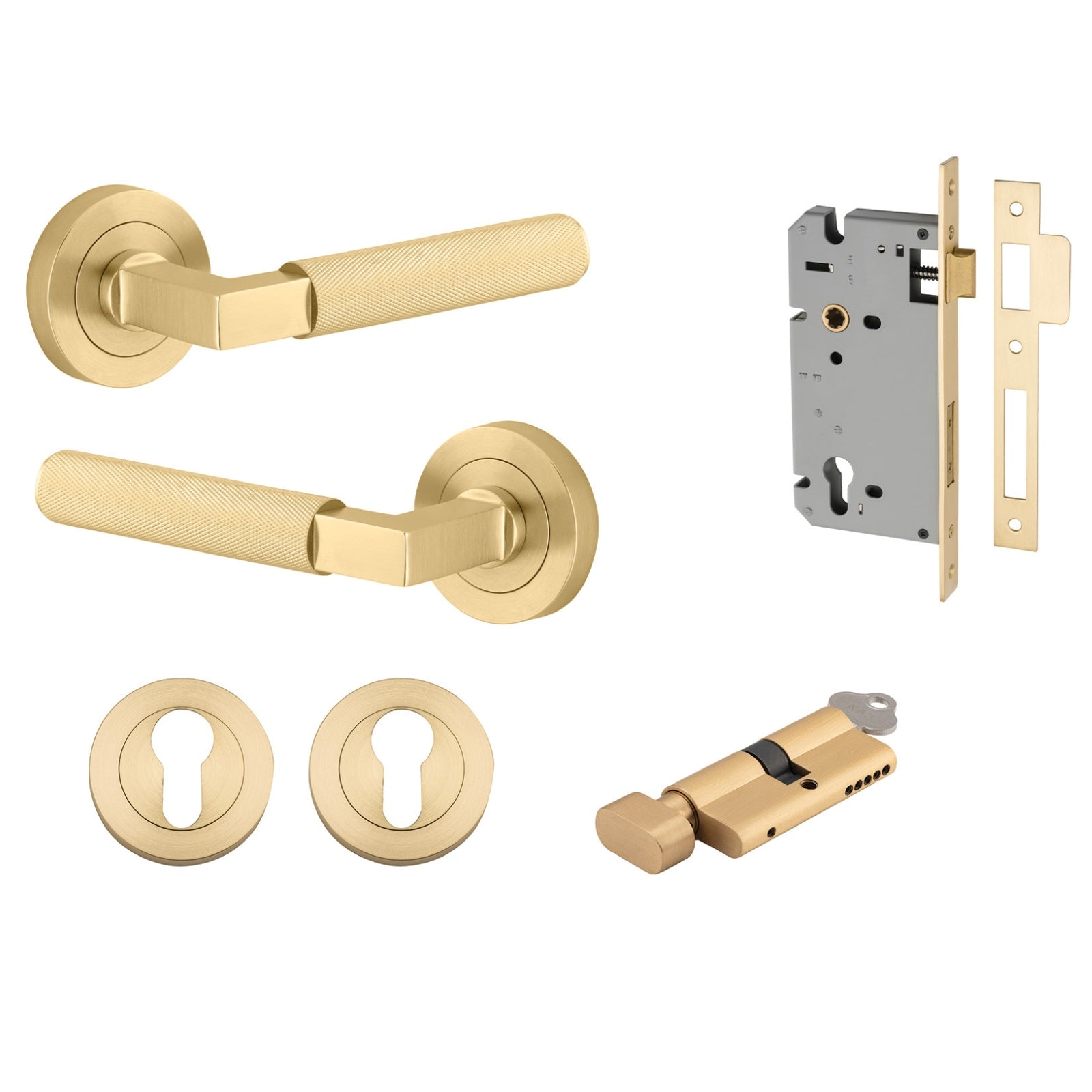 Iver Brunswick Lever Round Rose Entrance Kit with High Security Lock Brushed Gold  16261KENTR60KT - The Blue Space