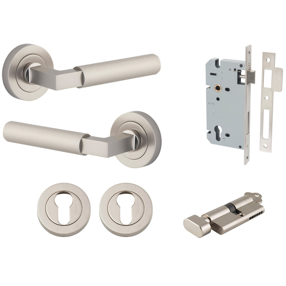 Iver Brunswick Lever Round Rose Entrance Kit with High Security Lock Satin Nickel