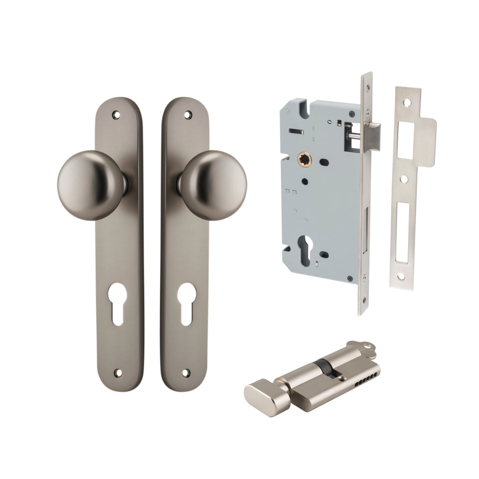 Iver Cambridge Knob Oval Backplate Entrance Kit with High Security Lock Satin Nickel  14834KENTR60KT - The Blue Space