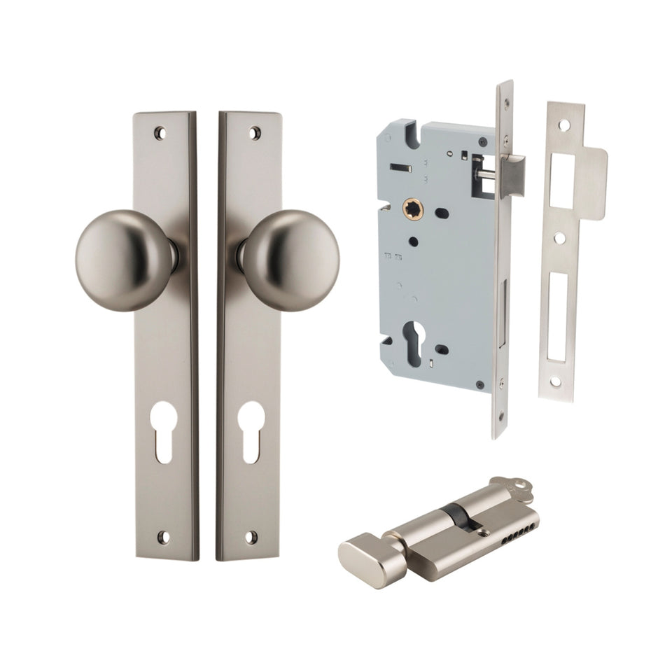 Iver Cambridge Knob Rectangular Backplate Entrance Kit with High Security Lock Satin Nickel