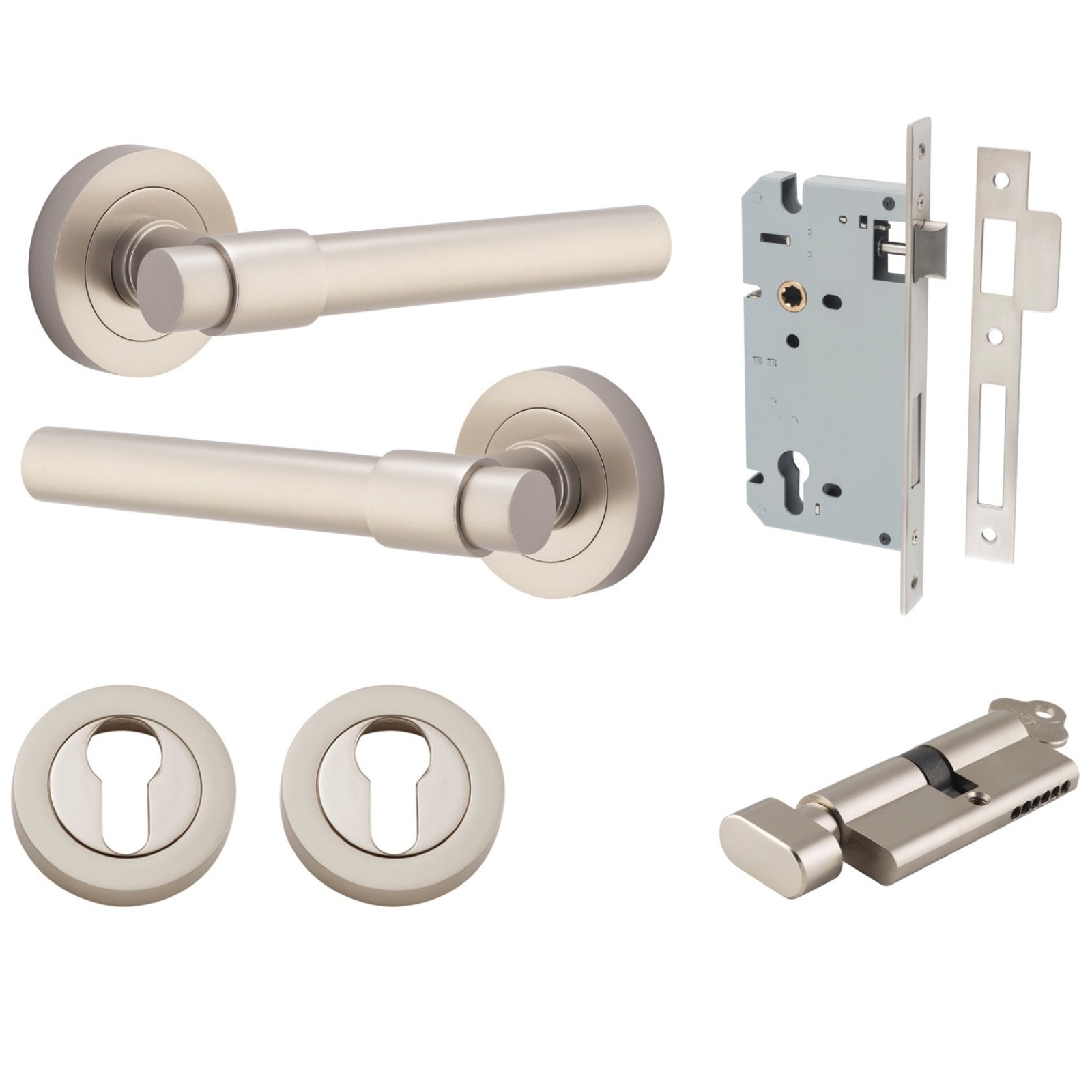 Iver Helsinki Lever Round Rose Entrance Kit with Separate High Security Lock Satin Nickel  20629KENTR60KT - The Blue Space