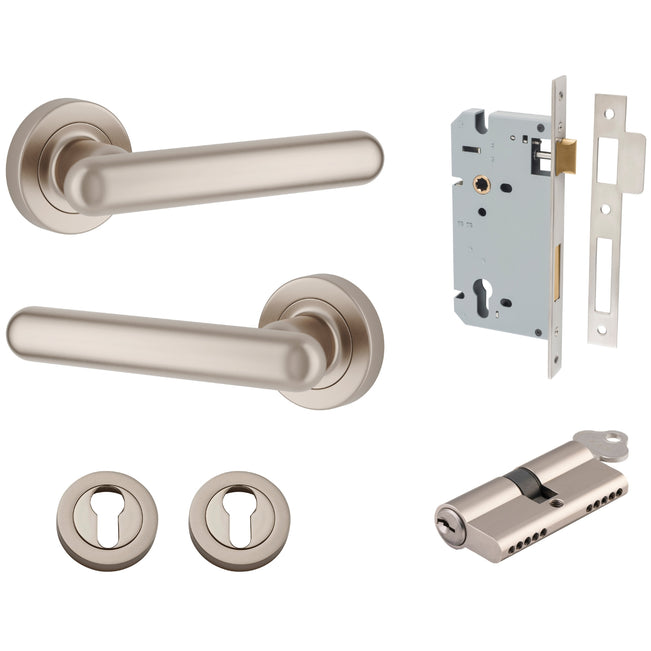 Iver Puerto Lever Round Rose Entrance Kit with Separate High Security Lock Key/Key Satin Nickel 24005KENTR60KK - The Blue Space