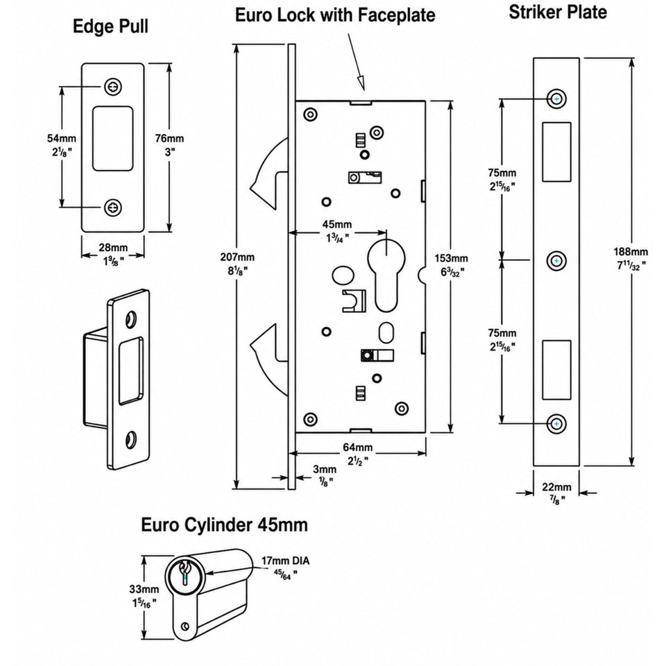 Iver Rectangular Sliding Door Pull Entrance Kit with High Security Lock Brushed Brass