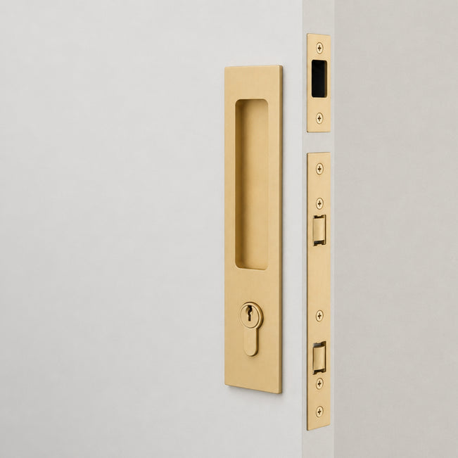 Project Image Iver Rectangular Sliding Door Pull Entrance Kit with High Security Lock Brushed Brass 21416E - The Blue Space