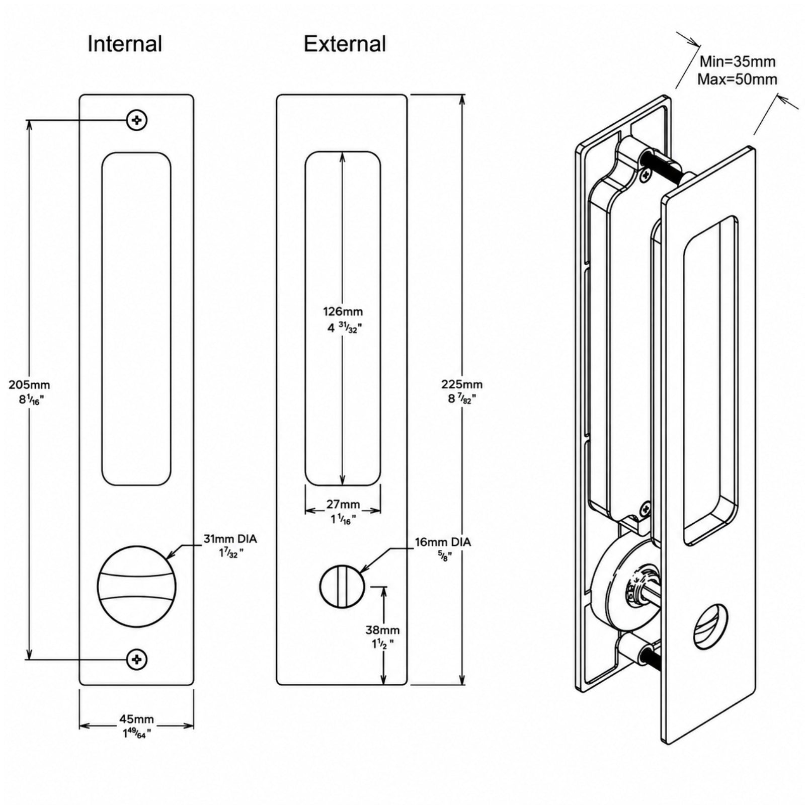 Line Drawing Iver Rectangular Sliding Door Pull Privacy Kit with Privacy Turn Satin Nickel 21419P - The Blue Space
