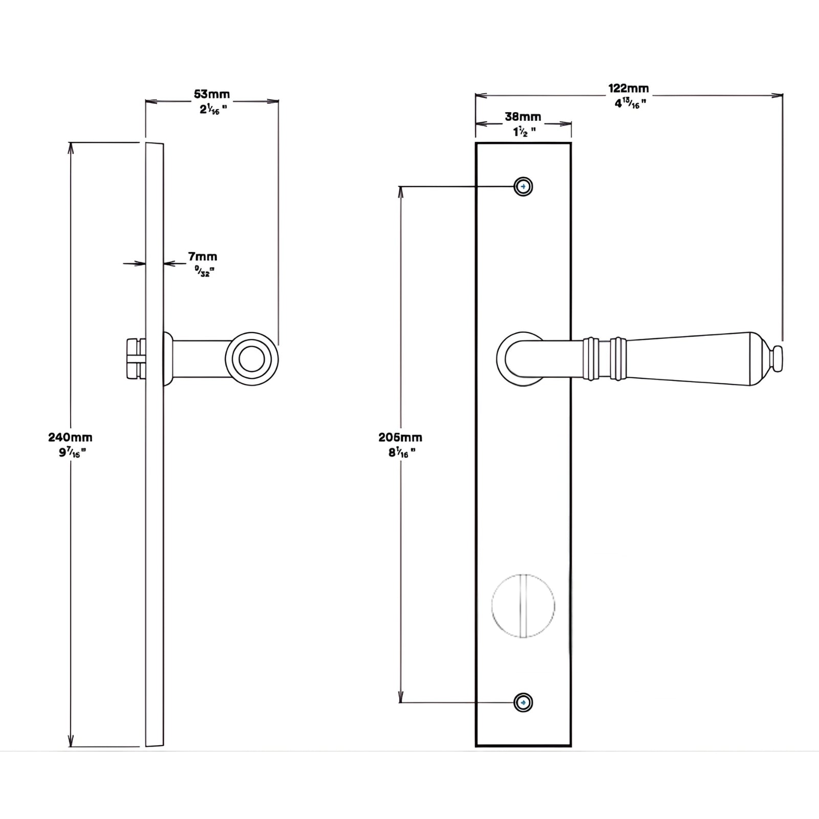 Line drawing Iver Sarlat Lever Rectangular Backplate Privacy Kit with Privacy Turn Brushed Brass 15200KPRIV60 - The Blue Space