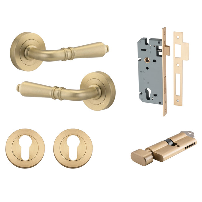 Iver Sarlat Lever Round Rose Entrance Kit with Separate High Security Lock Brushed Brass 9199KENTR60KT - The Blue Space