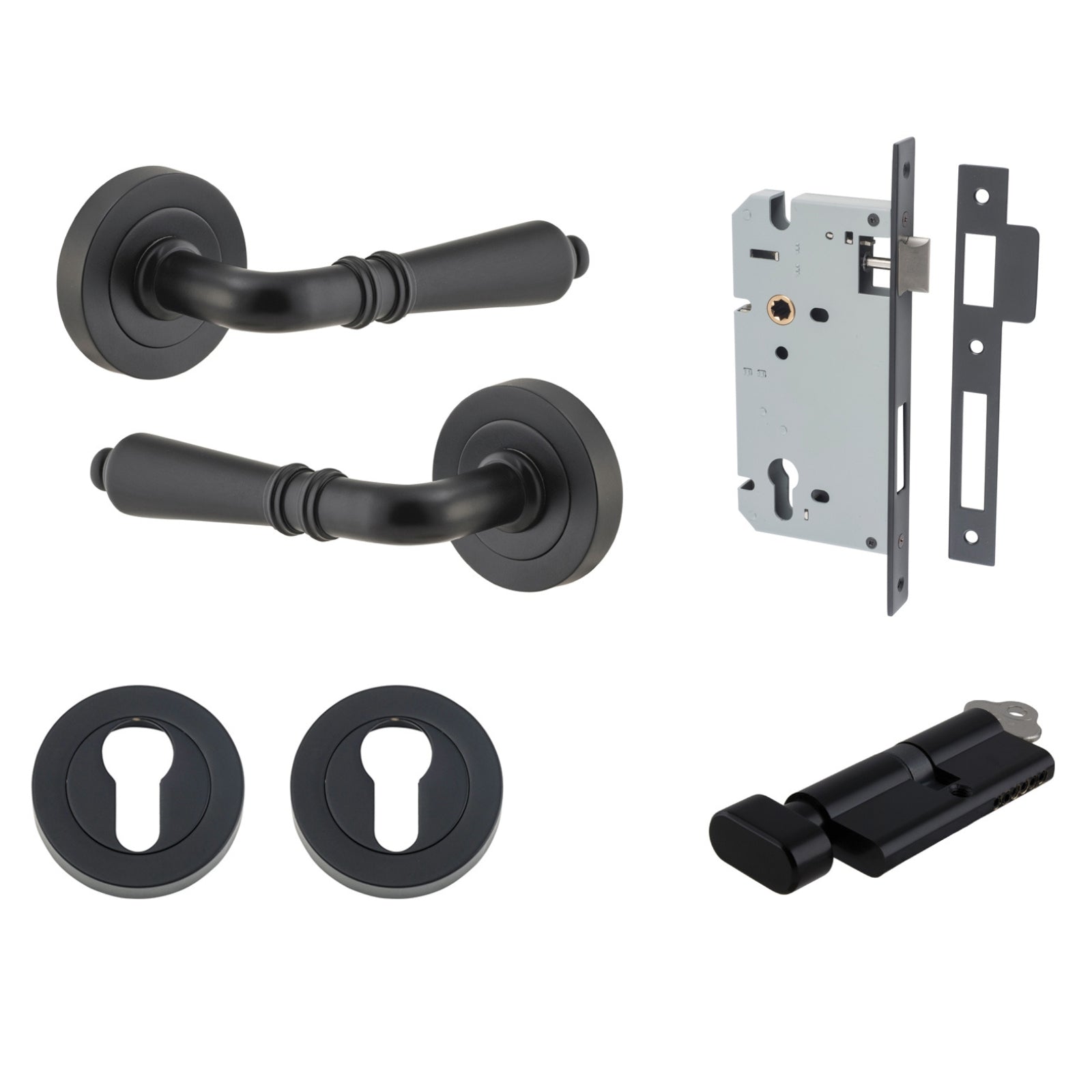 Iver Sarlat Lever Round Rose Entrance Kit with Separate High Security Lock Matte Black 9203KENTR60KT - The Blue Space